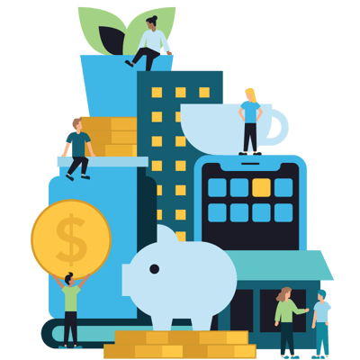 Illustration of city and coins and people